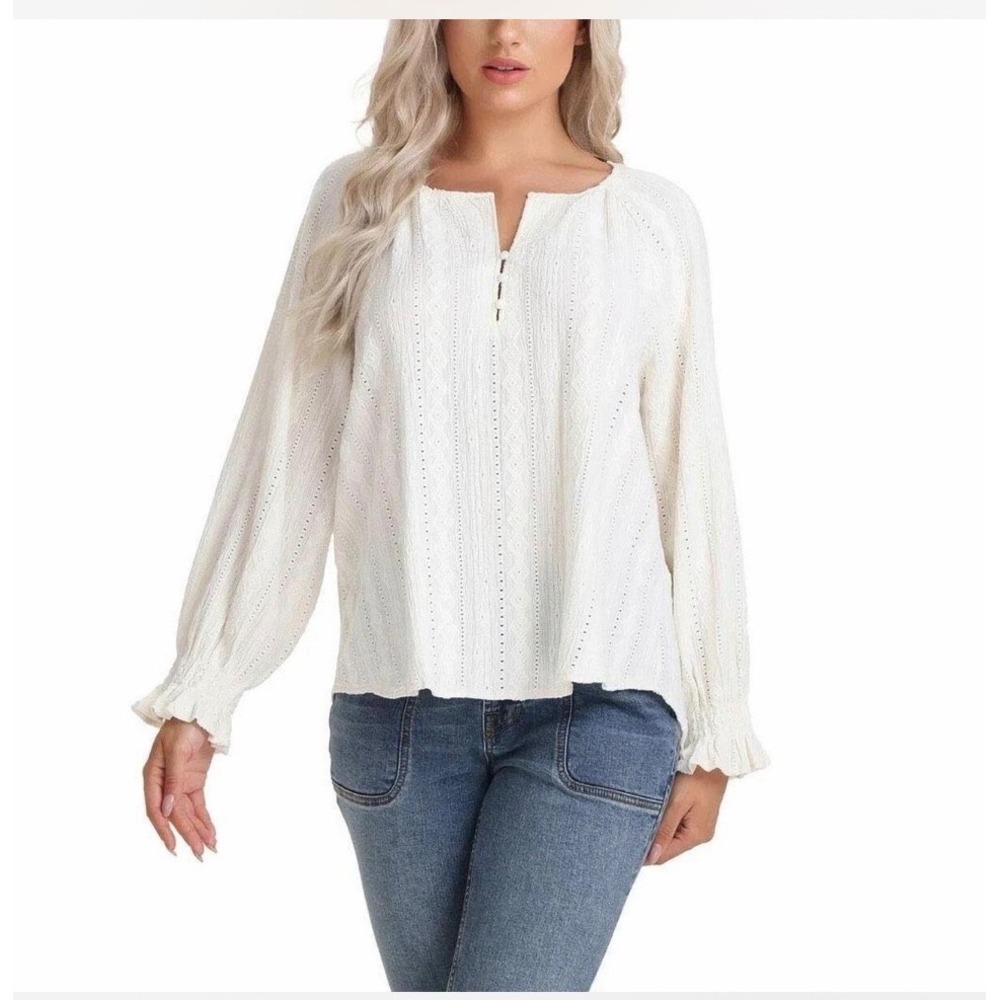 VTG Frye Pointelle Knit Blouse Women XXL Ivory Peasant Ruffle Cuff Split
Neck